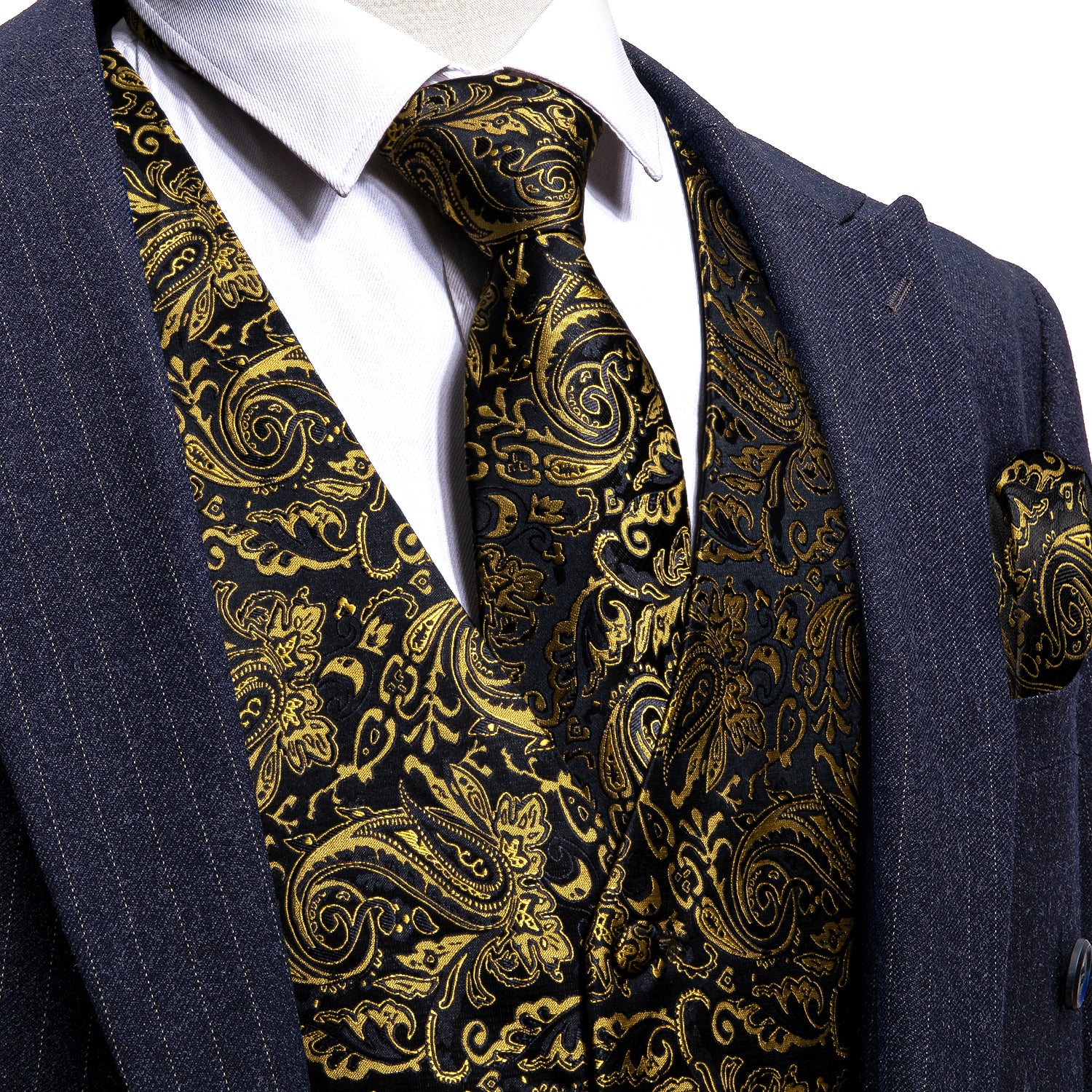 Plus Size Mens Gold Black Flora Silk V Neck Vest Suit Waistcoat Necktie  Square Hanky Cufflinks 4pcs Set For Wedding Suit Set, Buy More, Save More