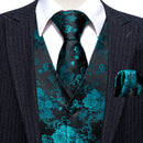 Black Blue Floral Silk Vest Necktie Pocket Square Cufflinks Set