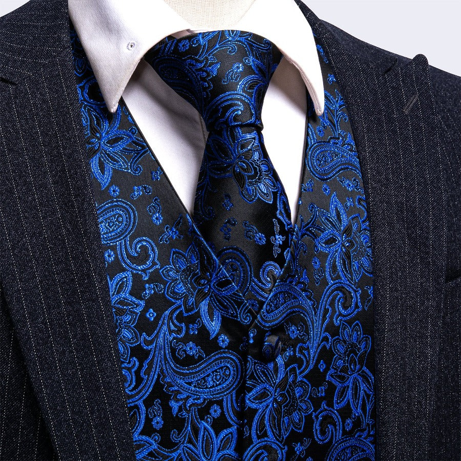 Men's Blue Black Floral Silk Vest Necktie Set – BarryWang