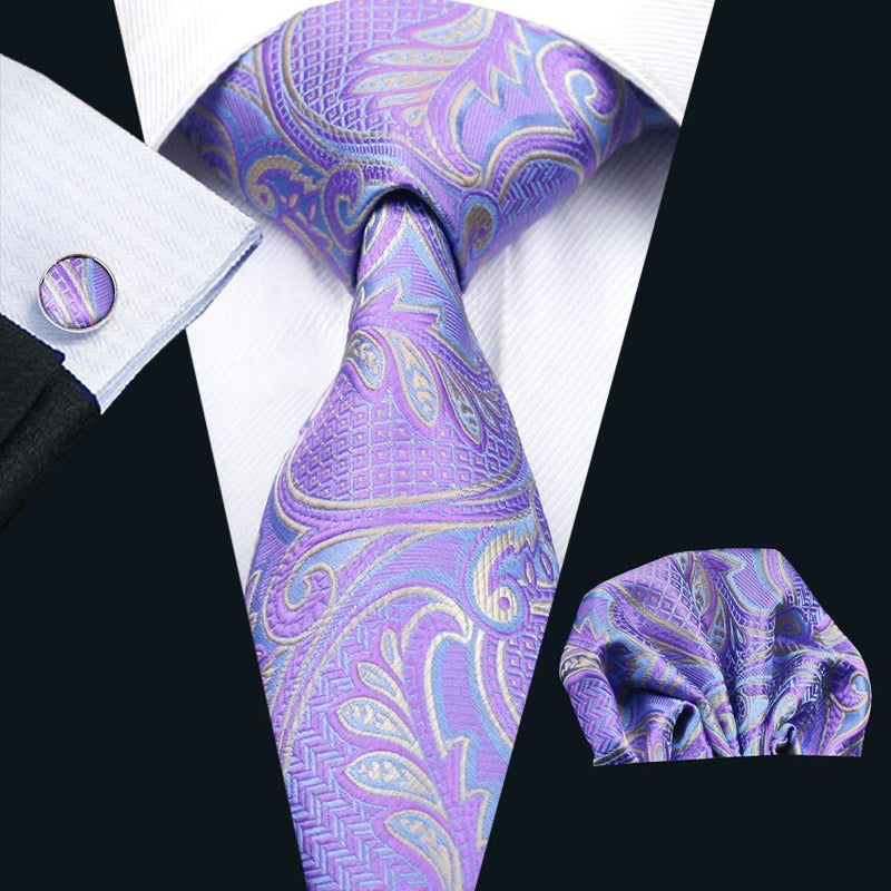 Lavender Purple Paisley Silk Men's Tie Pocket Square Cufflinks Set ...