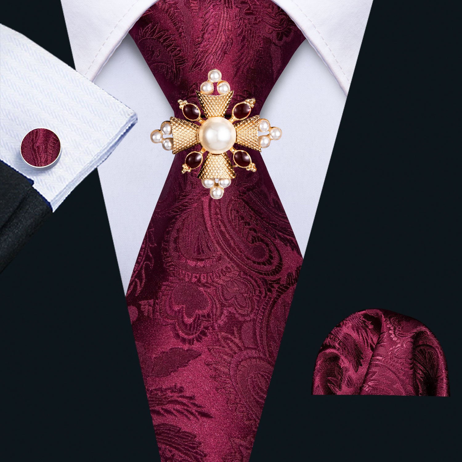 Red Floral Silk Tie Pocket Square Cufflinks Set 8.5cm Fashion Designer ...
