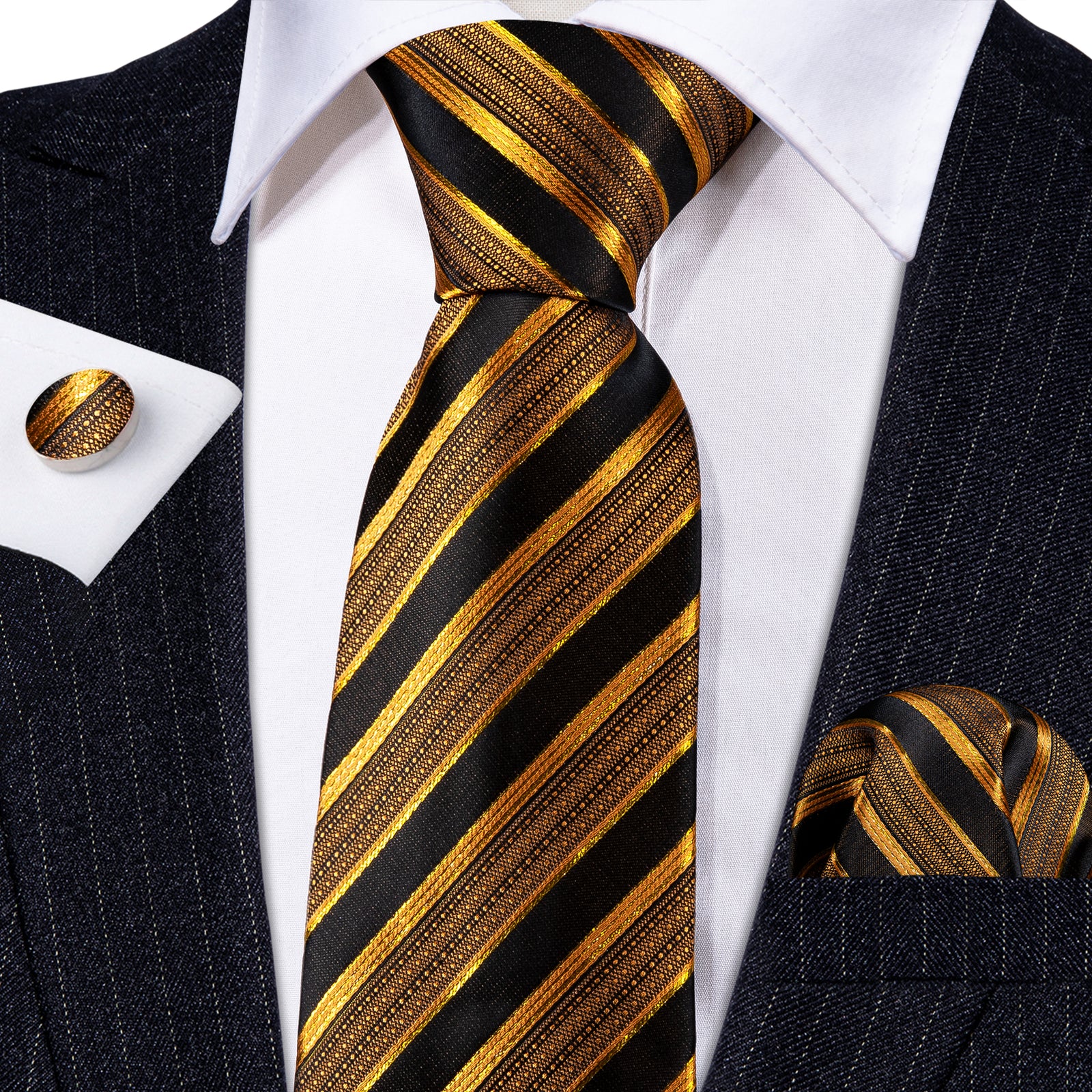 Formal Black Gold Striped Silk Tie Handkerchief Cufflinks Set – BarryWang