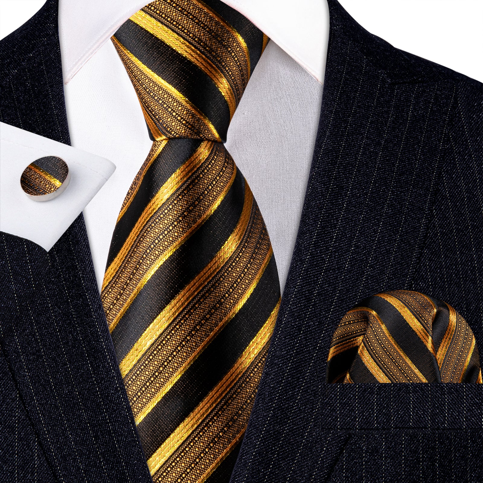 Formal Black Gold Striped Silk Tie Handkerchief Cufflinks Set – BarryWang