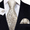 Bright White Gold Paisley Silk Tie Handkerchief Cufflinks Set