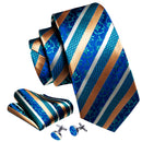 Blue Gold Striped Silk Tie Handkerchief Cufflinks Set