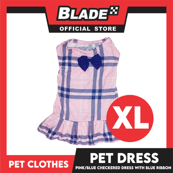 Pet Dress Pink/Blue Checkered Dress with Blue Ribbon (Extra Large) Perfect Fit for Dogs and Cats