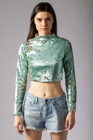 green sequin crop top