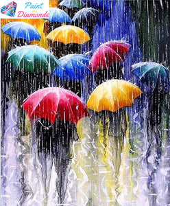 Walking In The Rain With Colorful Umbrellas Paint With Diamonds