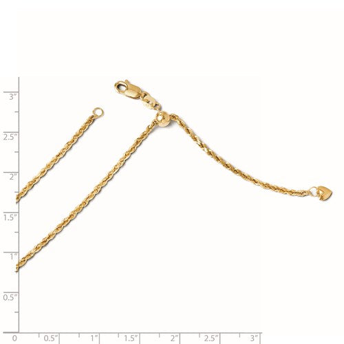 14K Yellow Gold Semi Solid Adjustable Rope Chain Available Sizes 22"-30"