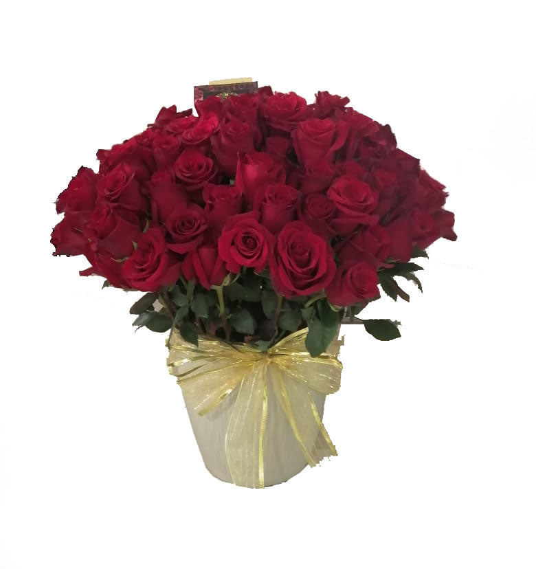 arreglo floral con 100 rosas naturales de exportación en base redonda  personalizada