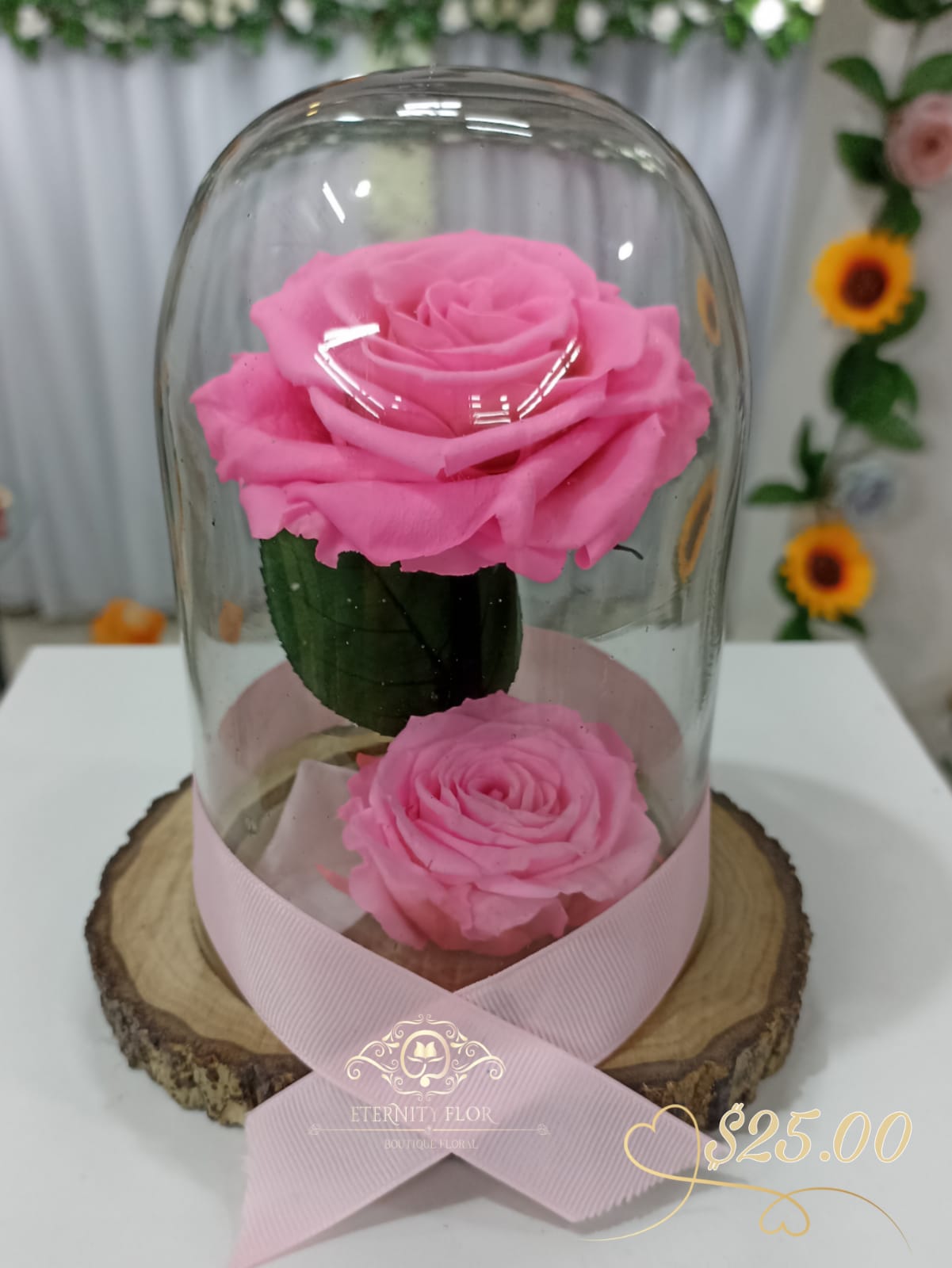 urna de cristal m con hermosas rosas pink preservado