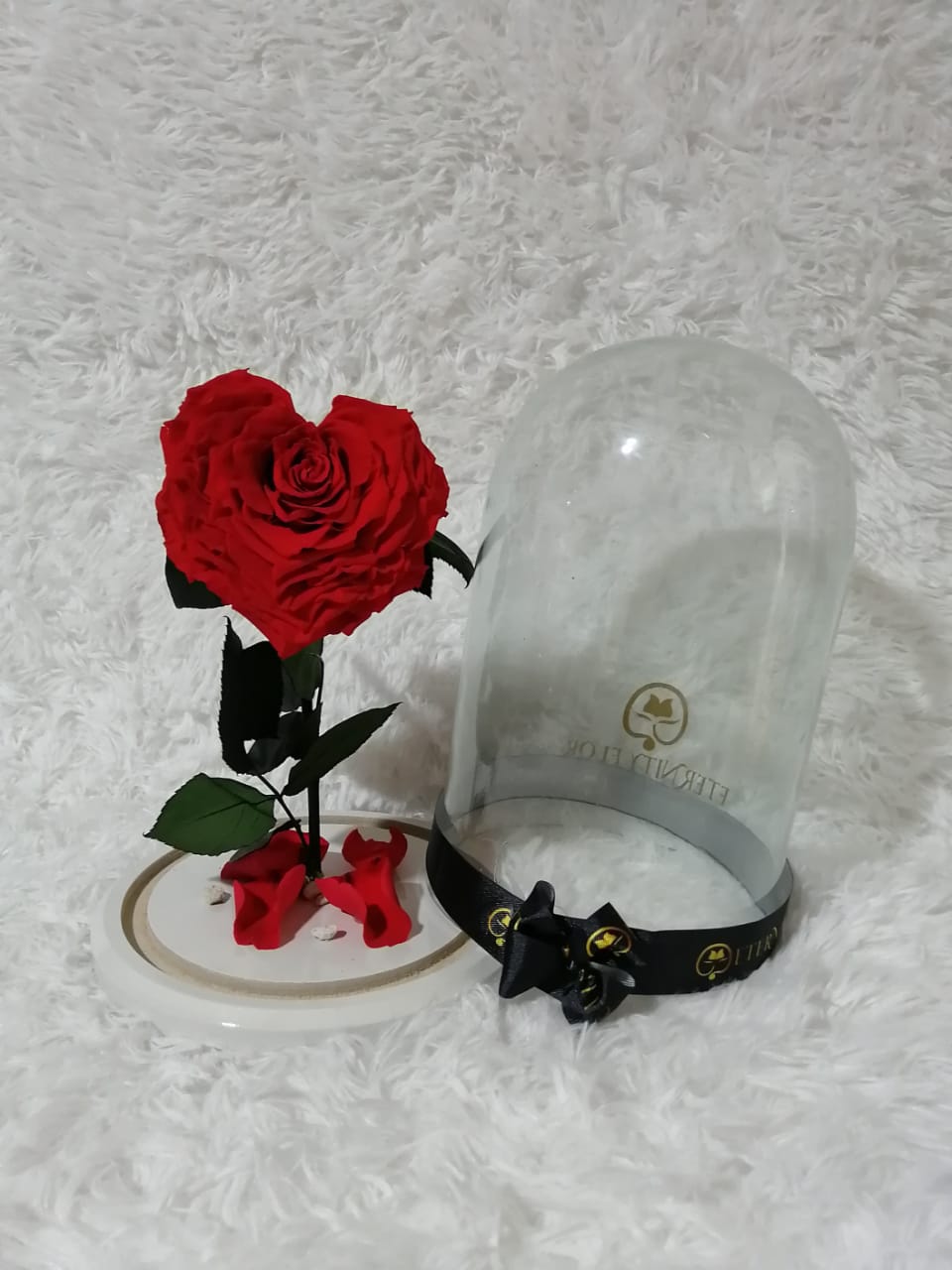 urna de cristal xl con una hermosa rosa preservada jumbo en forma de corazón