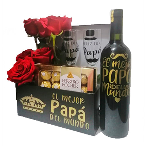 arreglo rosas, chocolate y vino personalizado