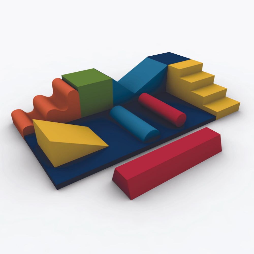 Set integral de terapia infantil para desarrollo motor, mejora coordinación y equilibrio, incluye cubos, rampas y colchoneta coloridos.