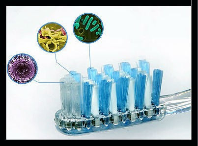 Head of toothbrush with blue bristles with images of germs in caption bubbles