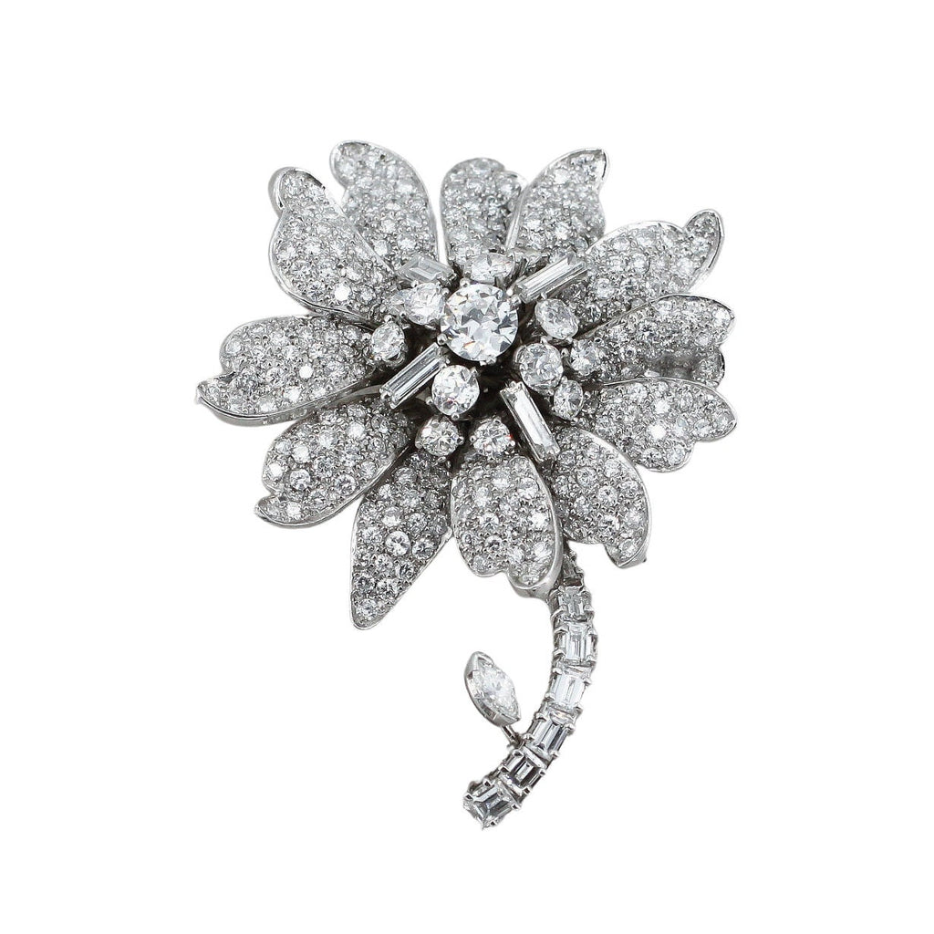 mid-century vintage diamond flower brooch, platinum circa -1950's ...