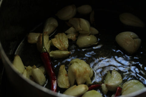 Golden garlic and charred peppers. 