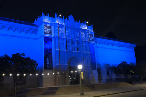 Exterior view of the San Diego Museum of Art at night.