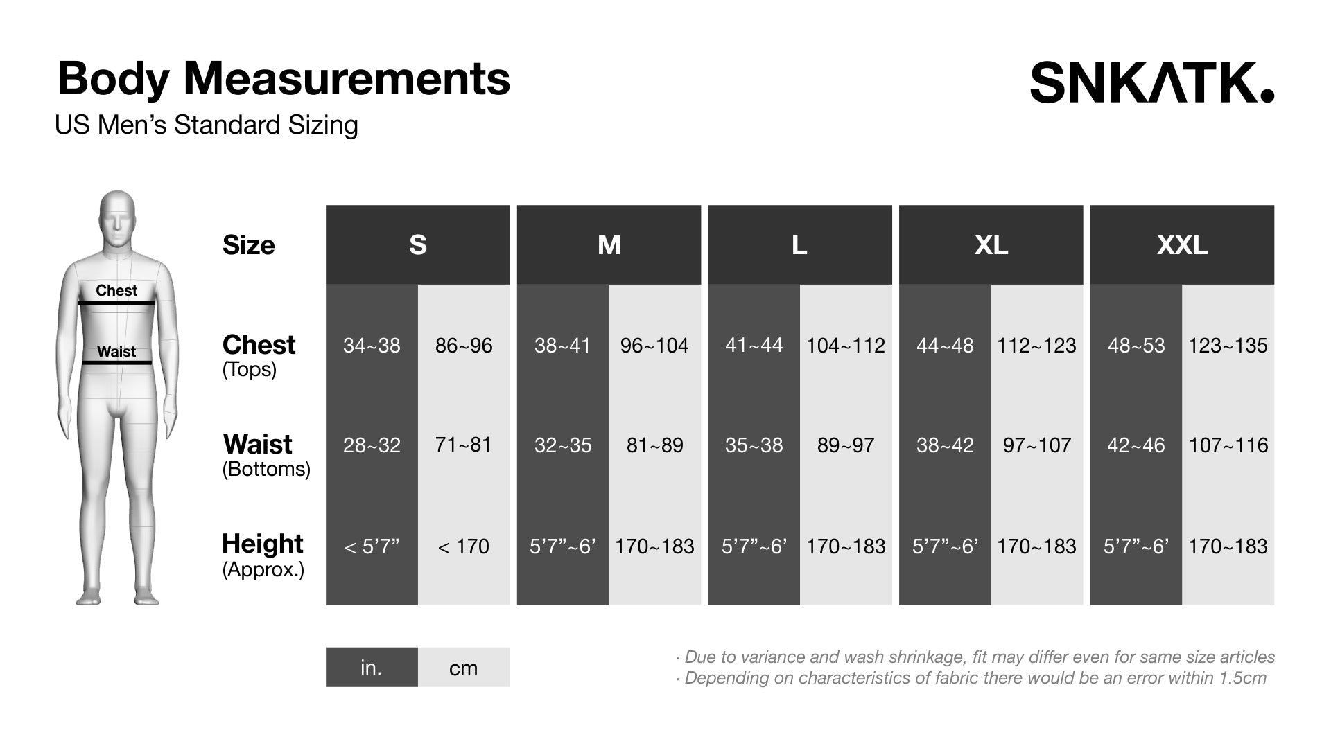 Size Guide - Body Measurements (US Sizing) - SNK ATK Design Lab