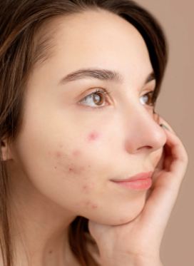 Woman pimple breaking out acne blemish face skin purging