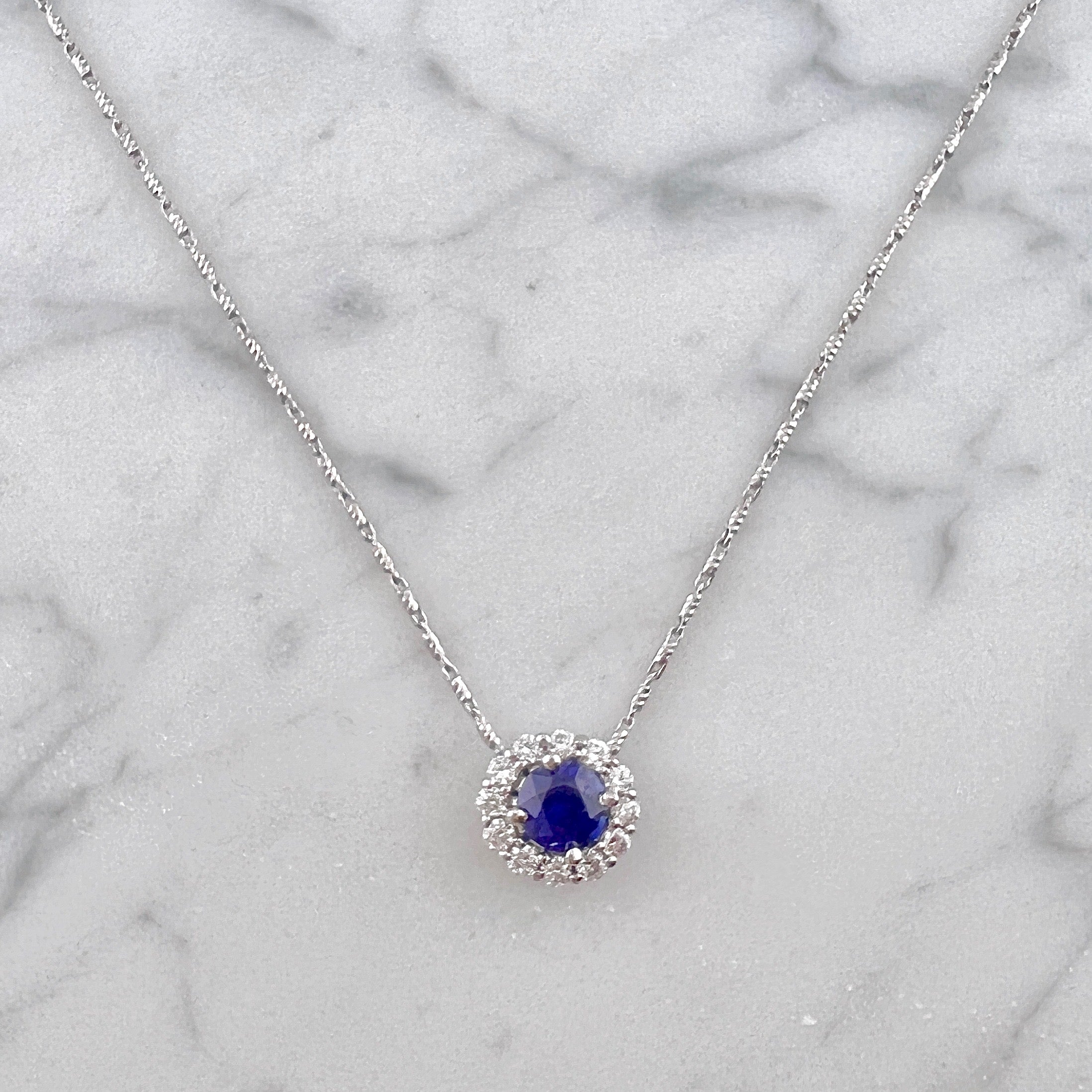 Created Sapphire & Diamond Swirl Pendant in 10k White Gold