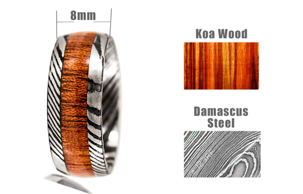 Damascus Steel Ring Wood Inlay