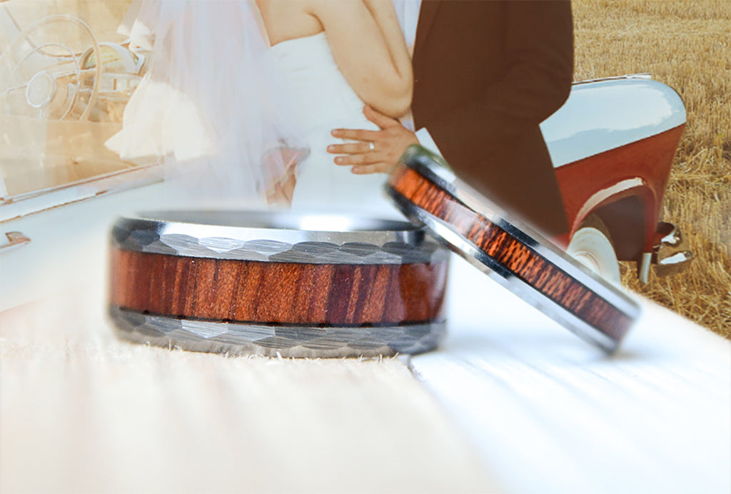 Match His and Hers Tungsten Ring Set With Koa Wood Inlay And Hammered Texture