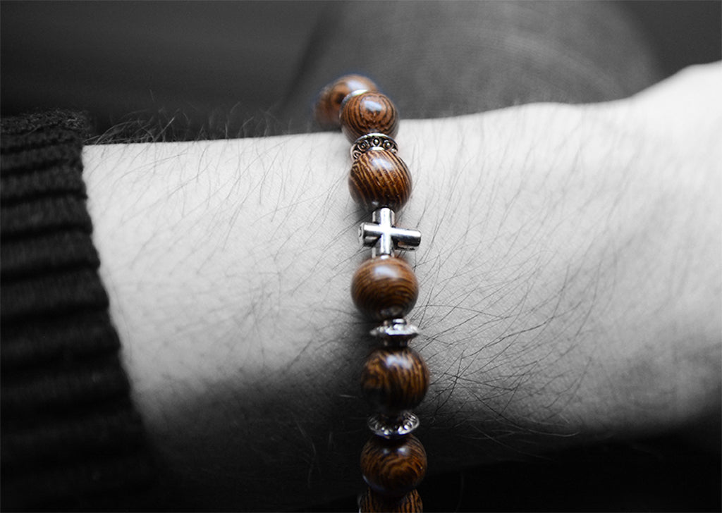 Mens Wood Bead Bracelet Elastic Stretch