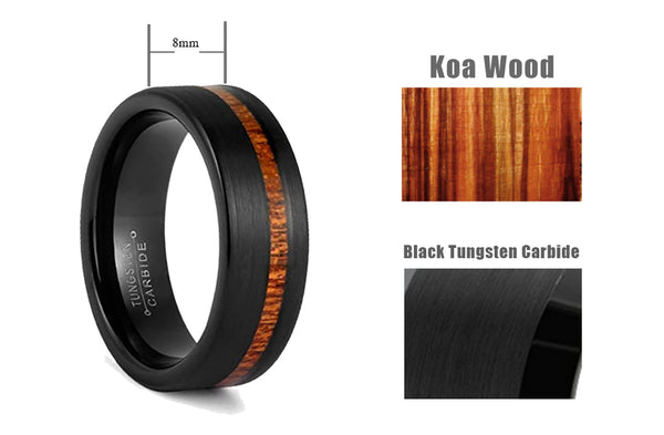 Mens 8mm Black Tungsten Carbide Ring Outside Matte Brushed with Wooden Texture Inlay-dimensions