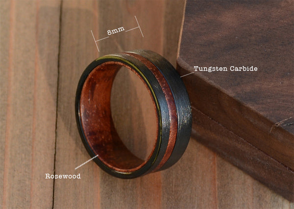 Mens Black Tungsten Carbide Wedding Band Rosewood Inlaid Matt Finished