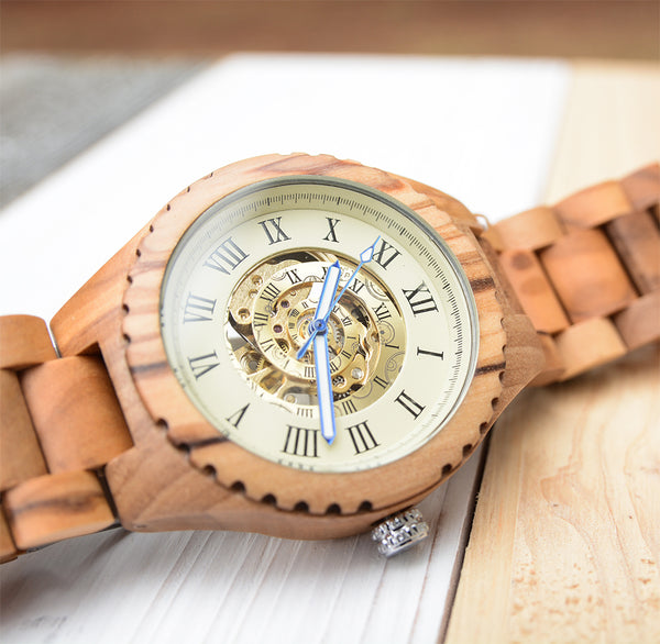 Olive Wood Luminous Automatic Watch for Men Roman Numeral Yellow Adjustable Wooden Band Skeleton Mechanical Wristwatches