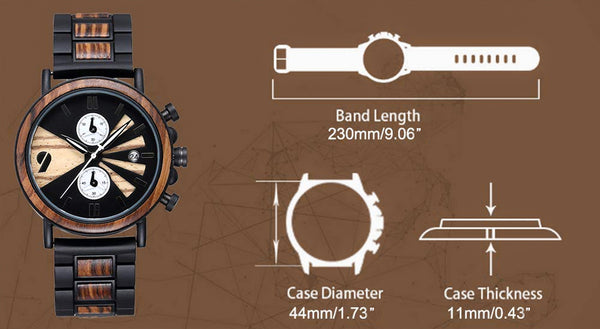 UD Mens Wooden Watches Handmade Watch Ebony Wood & Stainless Steel Combined Chronograph Wood Watch-dimensions