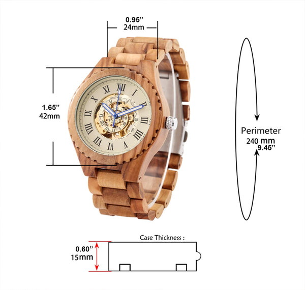 UXD Olive Wood Luminous Second Automatic Watch for Men dimensions