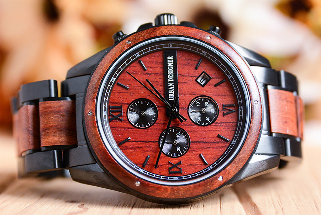 Volcano Chronograph Wood Watch For Men Red Wood Band with Dark Metal Combined