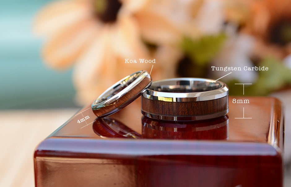 Wood Wedding Band Set-Match His and Hers Tungsten Ring Set With Koa Wood Inlay