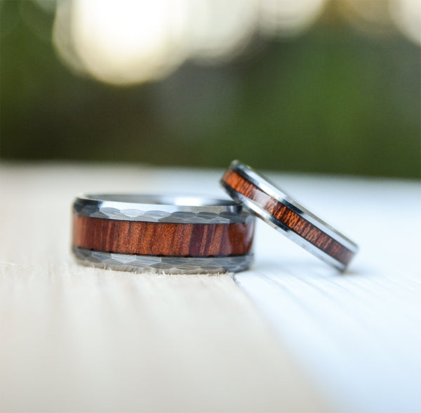 Match His and Hers Tungsten Ring Set With Koa Wood Inlay And Hammered Texture