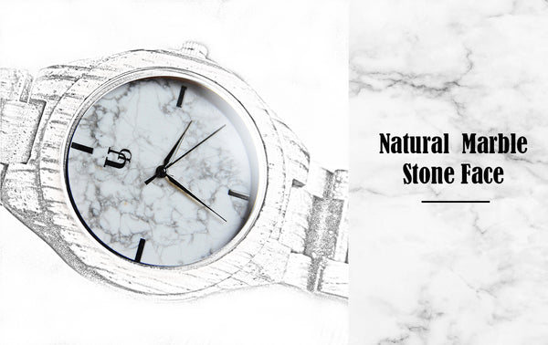 Wood watch for men with real white marble stone dial