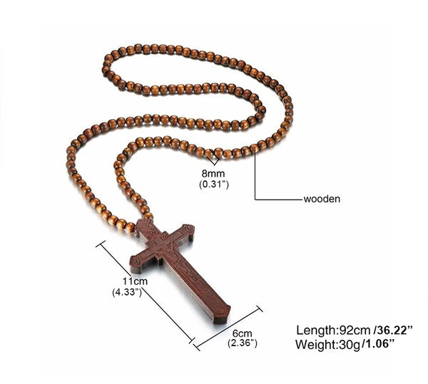 Large Wood Cross Necklace for Men with Jesus Christ Pendant