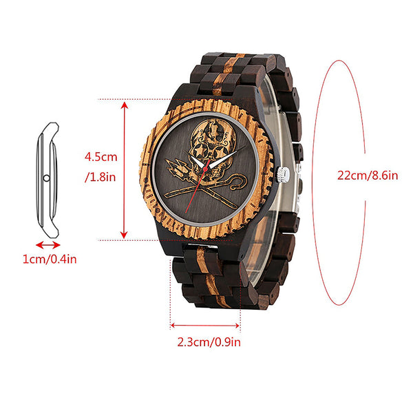 Mens Skeleton Watch, Round Wooden Watch With Skeleton Face, Wood Watch Men, Engraved Watch, Wooden Watches for Men
