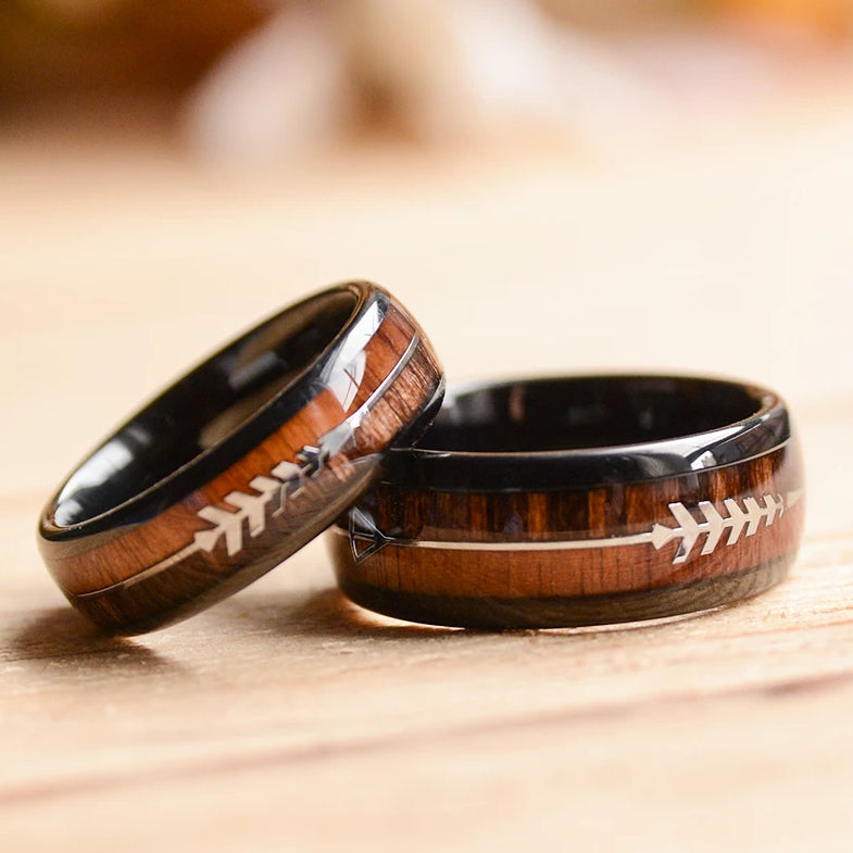 Black Tungsten Ring Sets with Koa Wood Inlay and Sleek