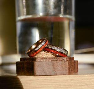 Match His and Hers Rose Gold Tungsten Rings With Meteorite And Wood Inlay-Wood Wedding Bands