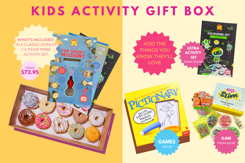 Kids Activity Gift Box from Dr. Dough contains a box of 10 classic donuts and your choice of a Tiger Tribe activity pack. You can also add games and slim and more fun with our awesome add ons! Available for delivery across Sydney and Melbourne.