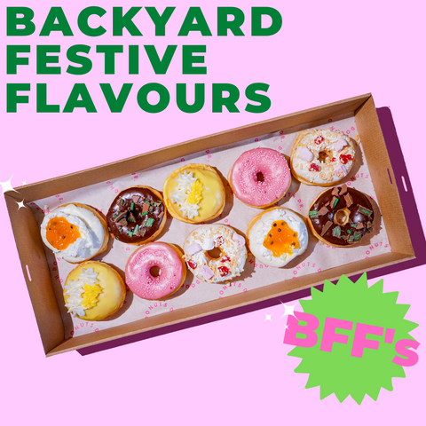 This image features our Backyard Festive Flavours donut box. 10 delicious donuts with flavours reminiscent of classic Australian festive season desserts. Pavlova, truffle, white Christmas, creaming code and peppermint crisp.