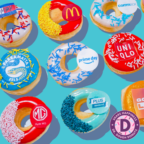 This image features our 9 of our mini donuts decorated in different glazes and toppings to match the company logos also featured on the donuts with edible logo images. Some of the companies we have worked with are Tommy Hilfiger, eBay, McDonalds, MG, Uniqlo and Parramatta Eels