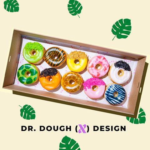 The Roar Donut Box features Australia first printed glaze donut with animal print designs. The box in the image feature 10 donuts themed around animals with zebra print, leopard print, tiger print and leaves print! Available for delivery across Sydney and Melbourne.