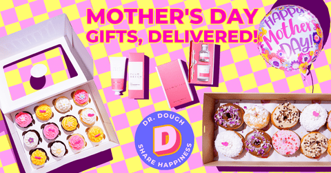 Mother's Day Gift Range with donuts, cupcakes, palm beach products and a balloon. Presented on a pink and yellow checker board background with Dr. Dough's logo.