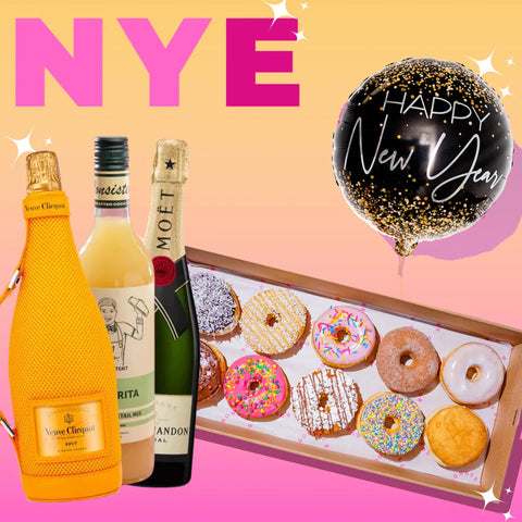 This image feature our Classic Dr. Dough Donut Range box with 10 donuts in 10 different flavours. The box also has a New Years Eve balloon attached to it and showing the gift options including Moet, Veuve and Mr. Consistent Margarita Mix.
