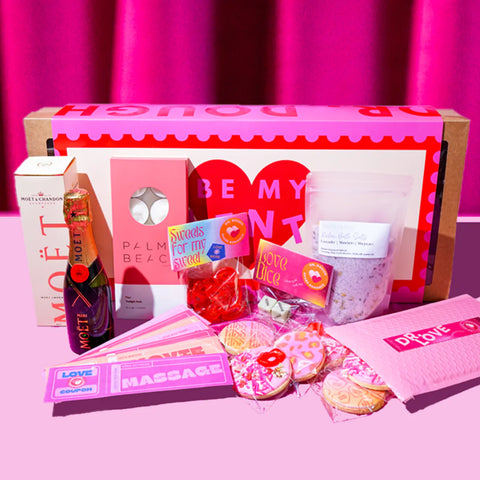 Valentine's Day Hamper with Mini Moet, Palm Beach Candles, Love Candy, Love Dice, Valentine's Cookies and Love Vouchers. Presented in a Be My Valentine Box.
