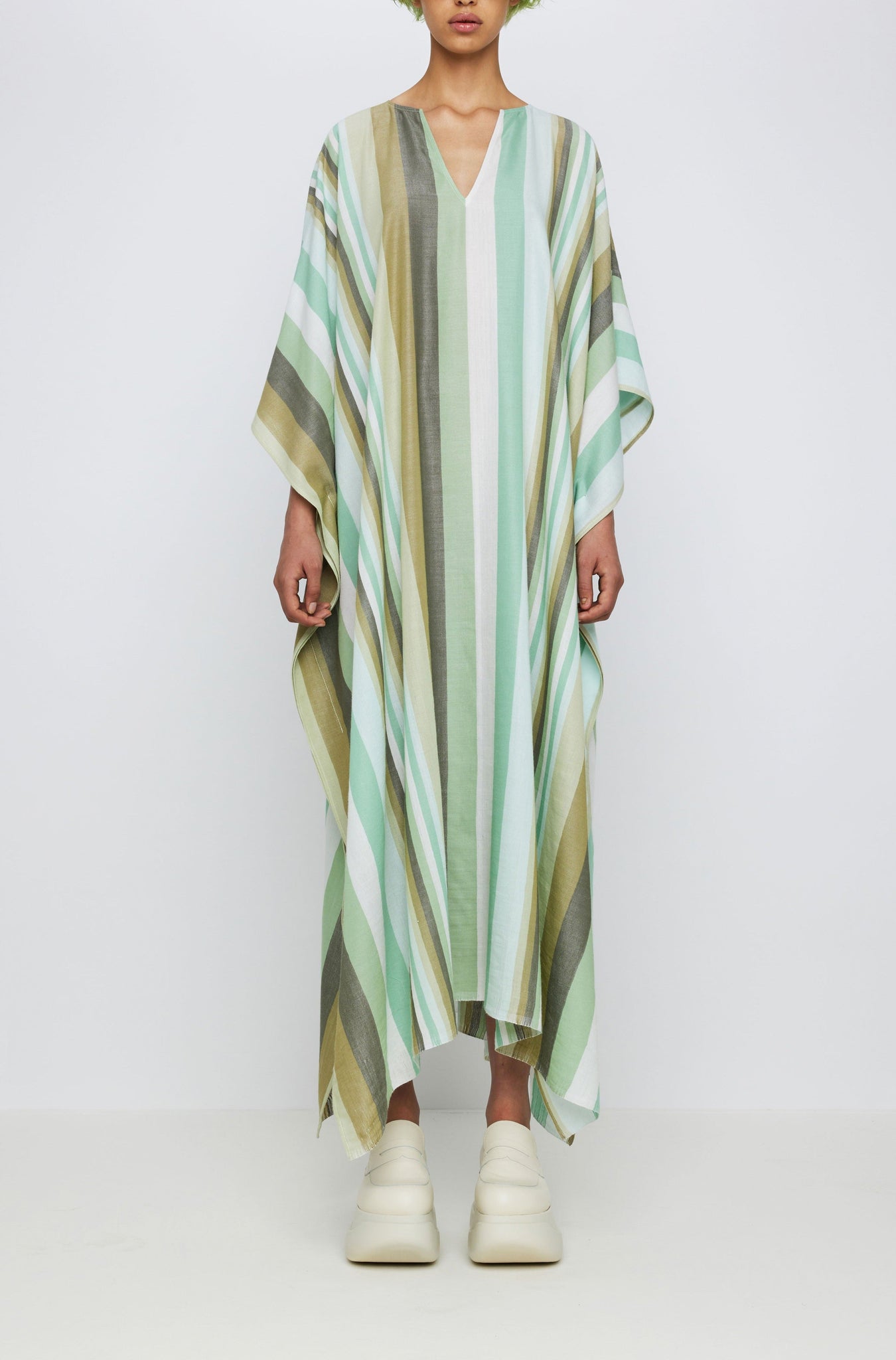 SHORT SLEEVE V-NECK CAFTAN - VARIED STRIPE – Marrakshi Life