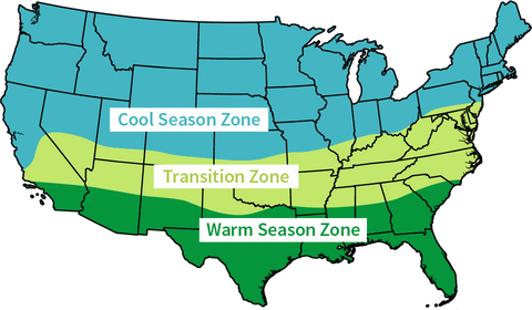 US map showing Cool, Transition, and Warm Season Zones in different colors.